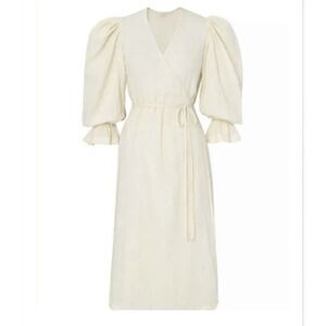RHODE RESORT Emi Wrap Midi Dress Puff Sleeves Ruffle Cream Cotton XS NEW -232294